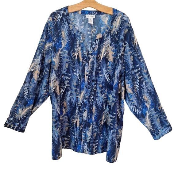 Catherines Blue Feather Print Button Up Blouse Long Sleeve Women Size 3X Boho - Picture 1 of 7